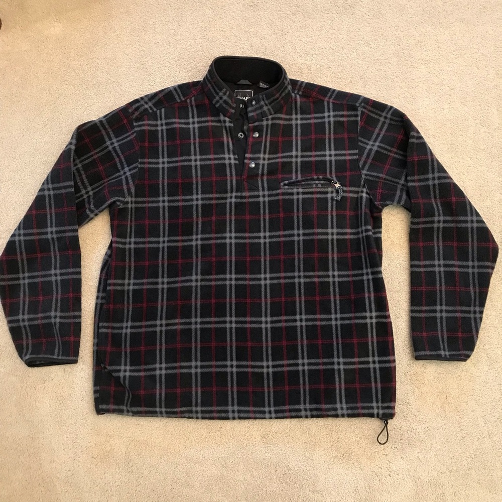 Chaps Fleece Pullover Sweater Jacket Men XL Plaid Black Grey Pockets Snap Button